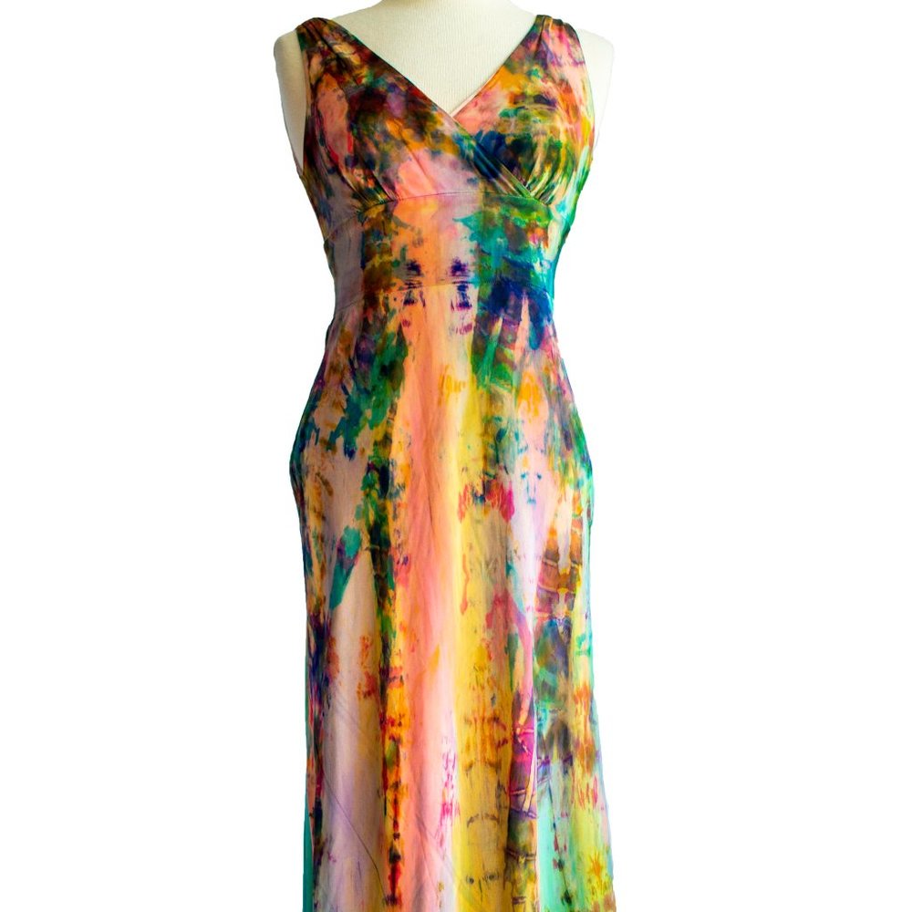 NEW silk maxi dress tie dyed orange yellow small 4 6 african batik rainbow beach